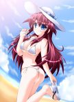  1girl ass aty aty_(summon_night) beach bikini blue_eyes breasts erect_nipples futaba_shion glasses hat long_hair medium_breasts purple_hair redhead sandals side-tie_bikini solo summon_night summon_night_3 swimsuit utanone_shion 