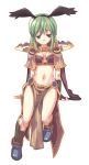  1girl arm_support arm_warmers blue_eyes boots capelet full_body green_hair hairband head_wings long_hair looking_away midriff ragnarok_online sage_(ragnarok_online) simple_background smile solo tanaka_(cow) yamai 