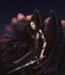  1girl angel black black_wings dress solo sword weapon wings 
