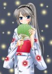  1girl clannad fan fireflies firefly hairband japanese_clothes kimono minamori_noeru paper_fan ponytail sakagami_tomoyo solo uchiwa yukata 
