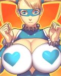  1girl 90s bare_shoulders blonde_hair blue_eyes breast_squeeze breasts capcom cleavage cleavage_cutout heart huge_breasts leotard long_hair mask rainbow_mika sawao scrunchie solo street_fighter street_fighter_zero street_fighter_zero_3 twintails wrestling_outfit 