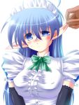  1girl blue_eyes blue_hair elbow_gloves elf futaba_shion gloves maid pointy_ears sad solo_focus uneven_eyes utanone_shion 