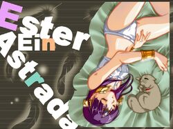  00s 1girl bob_cut bra bracelet cat closed_eyes ester_ein_astrada jewelry kenran_butou_sai lingerie panties purple_hair short_hair sidelocks sleeping solo underwear underwear_only wallpaper 