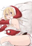  1girl bare_shoulders blonde_hair blue_eyes blush breasts elbow_gloves flying_sweatdrops fur_trim gloves grey_panties hat highres kinpatsu-chan_(rucchiifu) large_breasts midriff open_mouth original panties pantyshot red_gloves rucchiifu sack santa_costume santa_hat short_hair short_hair_with_long_locks simple_background solo underwear white_background 