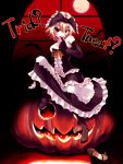  1girl bare_shoulders black_legwear blonde_hair bow dress elbow_gloves frills gloves gothic hair_bow halloween jack-o&#039;-lantern naughty_face original pantyhose pumpkin red_eyes short_hair single_shoe smile solo tamaki_fuyu trick_or_treat 