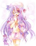  1girl bespectacled bloomers bow female glasses hat long_hair midriff one_eye_closed patchouli_knowledge pink_bow purple_hair solo suzushiro_kurumi touhou underwear very_long_hair violet_eyes wink yawning 