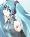  1girl aqua_eyes aqua_hair blue_eyes blue_hair collared_shirt detached_sleeves grey_shirt hair_between_eyes hair_ornament hatsune_miku headphones long_hair looking_at_viewer matching_hair/eyes microphone necktie number shirt simple_background solo tattoo tied_hair twintails upper_body vocaloid 