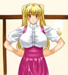  1girl anna_miller blonde_hair blush breasts huge_breasts kamia_(not_found) large_breasts long_hair looking_at_viewer matsuoka_kiyone orange_eyes original solo twintails waitress 