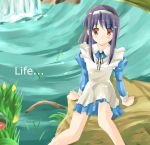  ... 1girl bare_legs dress english long_sleeves looking_at_viewer maid original outdoors purple_hair red_eyes river rock shigen short_hair sitting solo text water waterfall white_dress 