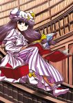  1girl bangs book bow capelet cardigan double_bun dress female frown hair_bow hat indoors library long_hair looking_at_viewer miyamoto_ryuuchii miyamoto_ryuuichi nightgown patchouli_knowledge purple_dress railing sitting socks solo touhou vertical_stripes very_long_hair violet_eyes voile 