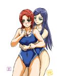  2girls blue_hair green_eyes hug hug_from_behind juliet_nao_zhang multiple_girls my-otome natsuki_kruger oekaki one-piece_swimsuit redhead swimsuit yuri 