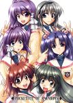  6+girls antenna_hair blue_eyes clannad everyone fujibayashi_kyou fujibayashi_ryou furukawa_nagisa green_hair hair_bobbles hair_ornament hirasaka_makoto ibuki_fuuko ichinose_kotomi long_hair multiple_girls open_mouth purple_hair sakagami_tomoyo school_uniform serafuku siblings sisters smile twins twintails violet_eyes yellow_eyes 