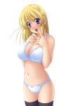  blonde_hair blue_eyes bra breast_squeeze breasts ishii_akira large_breasts lingerie panties thigh-highs underwear underwear_only 