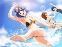  00s 3girls barefoot bikini blue_hair brown_hair feet game_cg kataoka_tomo kicking lens_flare mizuiro multiple_girls one_eye_closed red_eyes shindou_mutsuki shindou_satsuki short_hair sindo_satsuki sunglasses swimsuit tankini water wink 