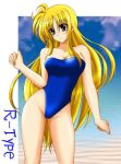  1girl bare_shoulders beach blonde_hair breasts cleavage fate_testarossa large_breasts long_hair lyrical_nanoha mahou_shoujo_lyrical_nanoha mahou_shoujo_lyrical_nanoha_strikers one-piece_swimsuit red_eyes solo swimsuit very_long_hair 