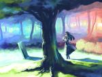  1girl colorful dress flower forest grave long_hair myu nature original solo tree 