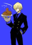  1boy blue_background cigarette cosplay crossover formal hair_over_one_eye look-alike male_focus one_piece sanji sanji_(cosplay) smoking solo suit tengen_toppa_gurren_lagann viral 