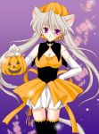  1girl amou_mari animal_ears black_legwear bloomers breasts candy cat_ears cat_tail cleavage detached_collar elbow_gloves food gloves halloween hand_on_hip jack-o&#039;-lantern long_hair medium_breasts pumpkin purple_background smile solo tail thigh-highs twintails underwear violet_eyes white_gloves white_hair 