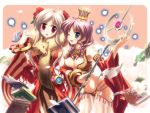  2girls book breasts cleavage crown flower gypsy gypsy_(ragnarok_online) hair_flower hair_ornament highres jewelry multiple_girls one_eye_closed open_mouth professor professor_(ragnarok_online) ragnarok_online wink yuuki_tatsuya 