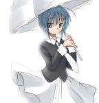  1girl black_shirt blue_hair collar expressionless holding little_busters!! long_sleeves looking_at_viewer necktie nishizono_mio pleated_skirt shirt short_hair simple_background skirt sleeve_cuffs solo tamura_hiro umbrella white_background white_necktie white_skirt yellow_eyes 