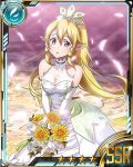  1girl bare_shoulders blonde_hair breasts card_(medium) cherry_blossoms cleavage collarbone dress elbow_gloves gloves green_eyes hair_between_eyes high_ponytail holding_bouquet leafa long_hair looking_at_viewer medium_breasts pointy_ears see-through solo star sword_art_online wedding_dress white_dress white_flower white_gloves yellow_flower 