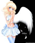  1girl angel angel_wings artist_name bare_shoulders blonde_hair blue_eyes hitana midriff original solo thigh-highs wings zettai_ryouiki 
