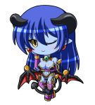  1girl astaroth_(shinrabanshou) black_sclera blue_skin breasts chibi cleavage demon_girl futaba_shion horns lowres one_eye_closed shinrabanshou solo succubus tail utanone_shion wings wink 