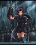  1girl armor dark helmet kaiga polearm purple_hair shield solo spear thigh-highs warrior weapon 