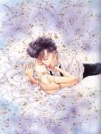  1boy 1girl 90s bishoujo_senshi_sailor_moon black_hair bracelet chiba_mamoru closed_eyes commentary couple double_bun dress dress_shirt endymion hand_on_another&#039;s_face hetero holding hug jewelry long_hair lying necktie off_shoulder official_art parted_lips princess_serenity queen_serenity ring scan scan_artifacts shirt strap_slip takeuchi_naoko tsukino_usagi twintails wavy_hair white_dress white_hair 