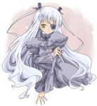  00s 1girl barasuishou black_dress closed_mouth dress expressionless flower_eyepatch full_body juliet_sleeves long_hair long_sleeves puffy_long_sleeves puffy_sleeves rozen_maiden silver_hair sitting solo takano_natsuki very_long_hair yellow_eyes yokozuwari 