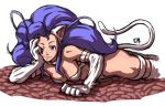  1girl ahoge animal_ears big_hair blue_hair breasts capcom cat_ears cat_tail chin_rest claws felicia female fur huge_ahoge itou_yuuji long_hair lying on_stomach slit_pupils solo tail vampire_(game) wink 