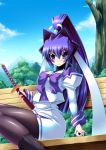  bench blue_eyes blue_hair ichijou_hitoshi mitsurugi_meiya muvluv pantyhose ponytail school_uniform serafuku sword weapon 
