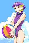  00s ball bangs beachball blunt_bangs bob_cut ester_ein_astrada kenran_butou_sai lowres one-piece_swimsuit purple_hair red_eyes short_hair sidelocks sky swimsuit ueyama_michirou 