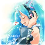  1girl aqua_hair closed_eyes detached_sleeves hand_on_headphones hatsune_miku headphones music open_mouth profile singing solo twintails vocaloid 