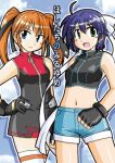  2girls blue_hair fingerless_gloves furafura gloves lowres lyrical_nanoha magical_girl mahou_shoujo_lyrical_nanoha mahou_shoujo_lyrical_nanoha_strikers midriff multiple_girls orange_hair subaru_nakajima teana_lanster thigh-highs twintails 