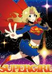  1girl alien belt blonde_hair blue_skirt blush boots cape character_name dc_comics female flying hamamoto_ryuusuke kryptonian long_hair midriff navel pantyhose red_cape s_shield shadow skirt solo star supergirl superman_(series) 