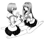  2girls clannad feet fujibayashi_kyou fujibayashi_ryou kitagawa_unagi monochrome multiple_girls school_uniform serafuku siblings sisters skirt thigh-highs twins 