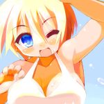  1girl ;d arm_up armpits blonde_hair blue_eyes blush breasts cleavage collarbone huge_breasts large_breasts lowres lucky_star one_eye_closed open_mouth patricia_martin smile solo swimsuit tan tanline water_drop watermark wink 