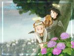  00s 2girls :3 aaru_sentou_shuudan bent_over bread flower food glasses haibane_renmei halo hikari_(haibane_renmei) hydrangea kana kana_(haibane_renmei) multiple_girls rain tree wallpaper wings 