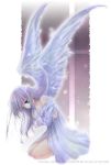  00s 1girl 2002 akira_hayase angel angel_wings artist_name bare_shoulders blue_eyes bottomless cloak crossed_arms expressionless feathered_wings full_body hayase_akira kneeling lavender_hair long_hair original purple_hair solo watermark web_address wings 