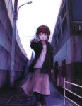  1girl 90s abe_yoshitoshi asymmetrical_hair brown_hair bus coat ground_vehicle hair_ornament hairclip iwakura_lain motor_vehicle official_art outstretched_arm outstretched_hand reaching serial_experiments_lain short_hair solo vehicle 