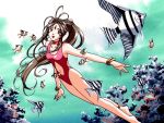  1girl 90s aa_megami-sama anklet belldandy bracelet brown_hair casual_one-piece_swimsuit coral facial_mark fish forehead_mark freediving jewelry long_hair one-piece_swimsuit solo swimsuit underwater very_long_hair wallpaper 