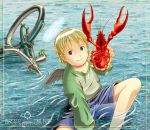  00s 1girl aaru_sentou_shuudan bicycle crustacean haibane_renmei halo kuu lobster raglan_sleeves solo water wings 