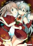  2girls :o aqua_hair black_eyes bow brown_hair capelet christmas_tree_hair_ornament commentary_request cravat detached_collar detached_sleeves fur-trimmed_capelet fur_trim gloves kantai_collection kumano_(kantai_collection) long_hair multiple_girls naitou_ryuu ponytail santa_costume smile sparkle suzuya_(kantai_collection) twitter_username 