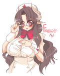  00s 1girl 2007 akatsuki_francesca bare_shoulders bespectacled black_hair bow breasts cuffs curvy demon_girl glasses hat hips horns huge_breasts long_hair mature mel/a milf nurse nurse_cap original pointy_ears red_eyes sleeveless solo succubus wide_hips 
