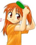  1girl azumanga_daioh brown_eyes child hair_brush hairdressing long_hair lowres mihama_chiyo musical_note quaver redhead shirt short_twintails simple_background solo t-shirt twintails white_background 