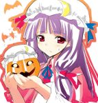  1girl female gochou_(atemonai_heya) halloween jack-o&#039;-lantern patchouli_knowledge pumpkin solo touhou 