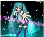  1girl aqua_hair hatsune_miku hayashi_sakura long_hair music musical_note outstretched_arm outstretched_hand quaver singing solo staff_(music) thigh-highs twintails very_long_hair vocaloid 