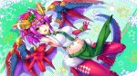  1girl bare_shoulders breasts christmas claws dragon_girl dragon_horns dragon_tail dragon_wings elbow_gloves fur_trim gloves hair_ornament head_fins heterochromia highres horns looking_at_viewer midriff navel necktie outstretched_arms pelvic_curtain purple_hair puzzle_&amp;_dragons red_gloves red_legwear samoore shadow shirt sideboob snowflakes solo sonia_(p&amp;d) star tail taut_clothes taut_shirt thigh-highs violet_eyes wings yellow_eyes 