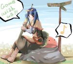  1girl blue_eyes blue_sky boots brown_boots day english full_body gun holding holding_weapon knee_boots looking_at_viewer musical_note outdoors quaver ragnarok_online ribbon road_sign shigen sign sky solo speech_bubble spoken_musical_note swordsman swordsman_(ragnarok_online) talking text weapon 